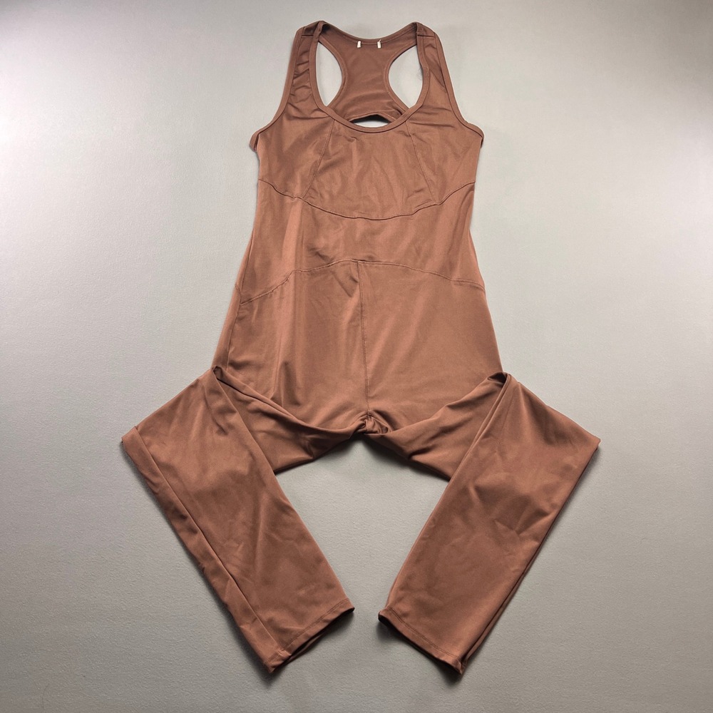 Women XS One Piece Workout Jumpsuit Brown Racerback Wide Strap Skinny Leg Gym